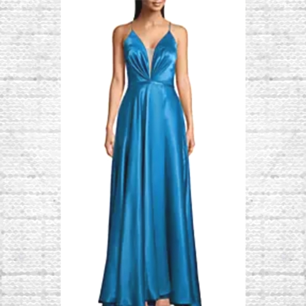 Betsy & Adam Illusion Satin Gown with Lace-Up Back - Picture 3 of 12